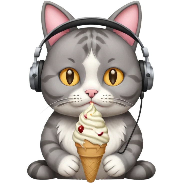 Sad cat with headphones eating ice cream  emoji