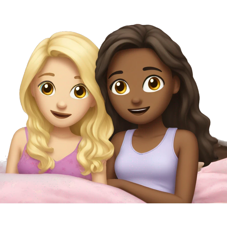 Blonde girl and brunette girl in bed at sleepover emoji