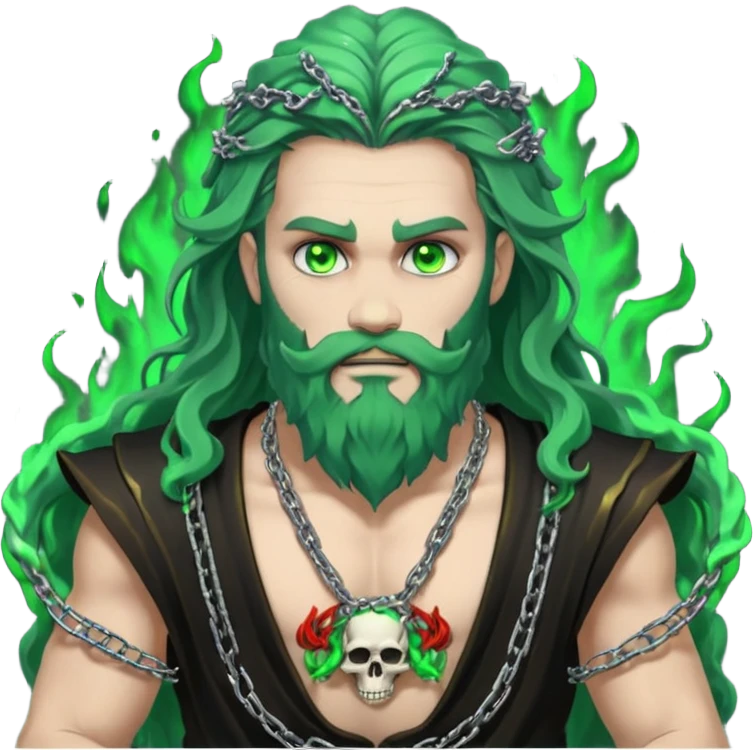 hades greek god with green flames and beard with chains on his arms and neck, Long wavy hair. He has some skull accessories Dynamic pose emoji
