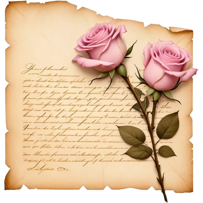 An antique handwritten letter with dried light pink roses and a golden wax seal, vintage aesthetic. emoji