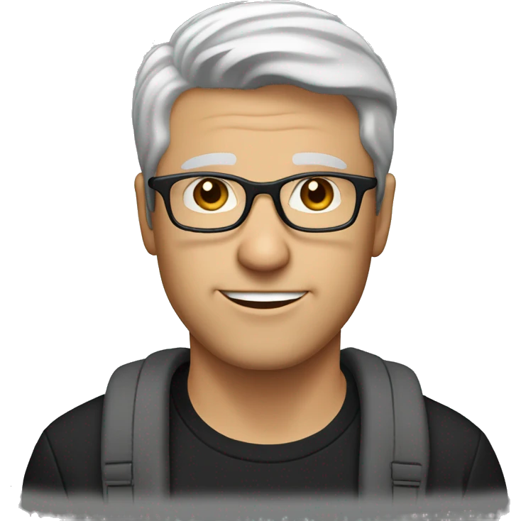 white man with short brown-gray hair, brown eyes, and glasses wearing a black t-shirt emoji