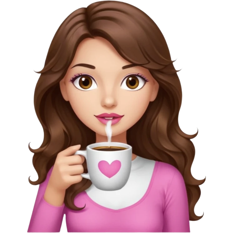 girl with long wavy brown hair, brown eyes, light to medium complexion, in a pink sexy top, pink lips, long lashes sipping coffee emoji