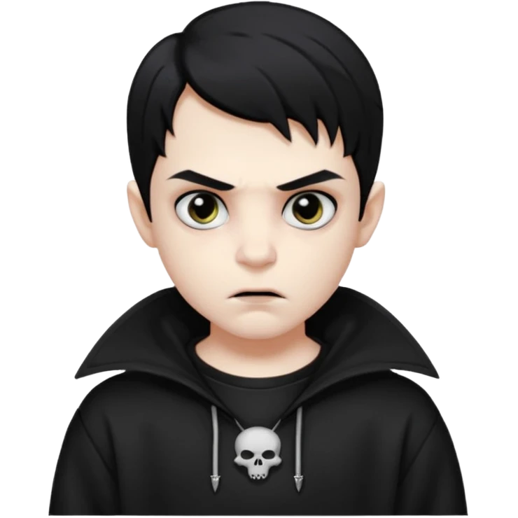 Vampire boy with the black hair, pale-white skin, black eyes, little fangs and dark circles under his eyes. He has serious face and he wear a black oversize sweatshot emoji