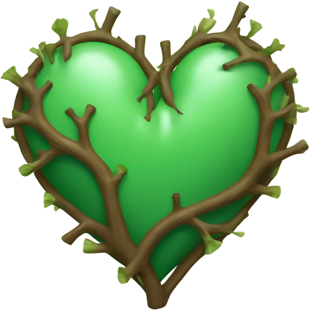 Green heart with white thorns sticking out of it wrapped in brown vines emoji