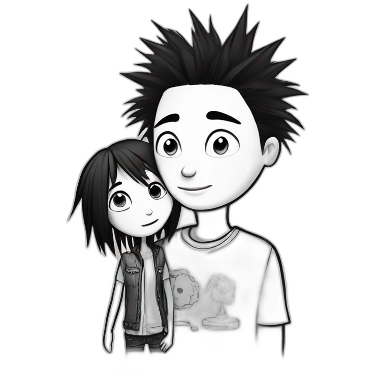 a dog and a girl with black spiky hair looking at each other in style of ((sarah andersen)), black and white,sarah andersen,cartoon,drawn,sketch emoji