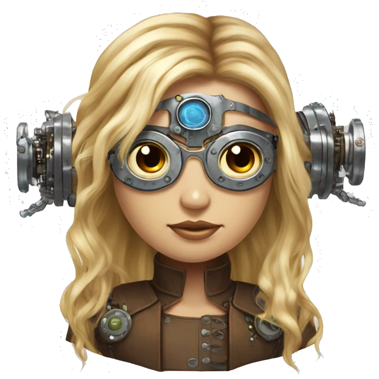 Brown long hair with blonde steaks female cyborg head, fair skin, steampunk goggles and circuits emoji