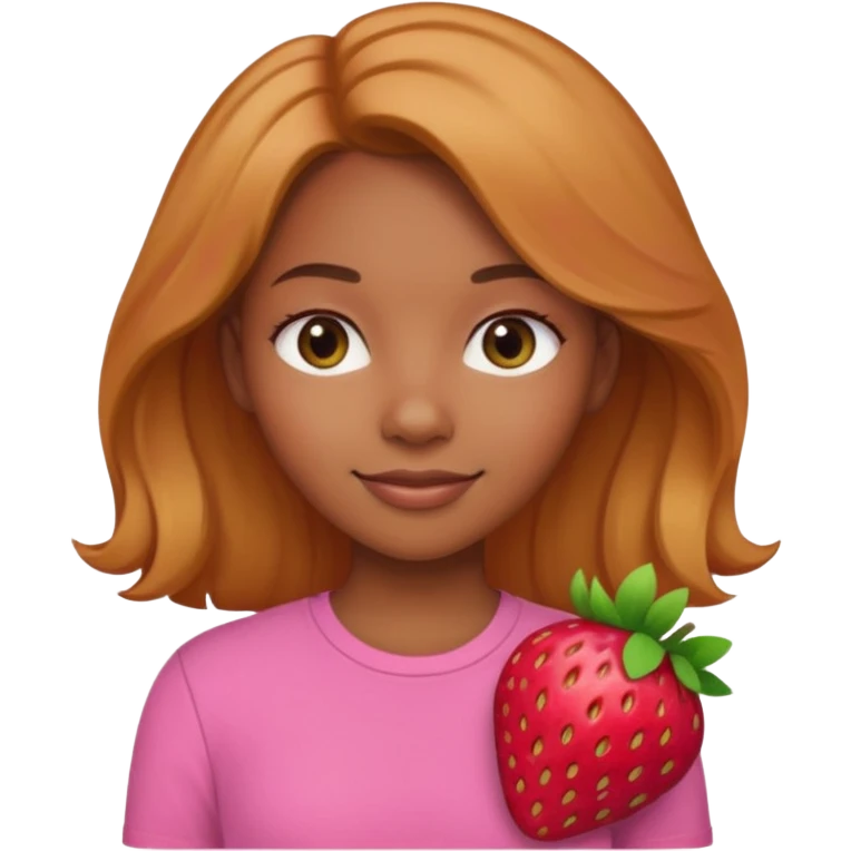 black girl with olive skin, natural-looking strawberry blonde-brunette hair, pink shirt, gentle smile, Apple emoji style emoji