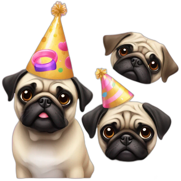 One pug and one black pug with birthday hat emoji