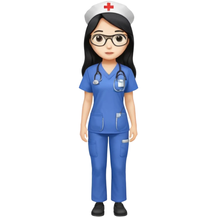Large breasted Beautiful Asian girl with long black hair and glasses wearing nurse scrubs.  Full body picture emoji