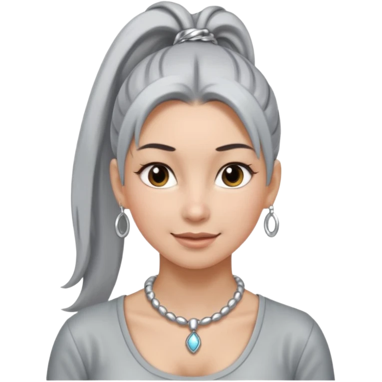 Female with very long + big Silver Necklace, grey skin,ponytail hair, more bright silver,highlight necklace, different expressions. emoji