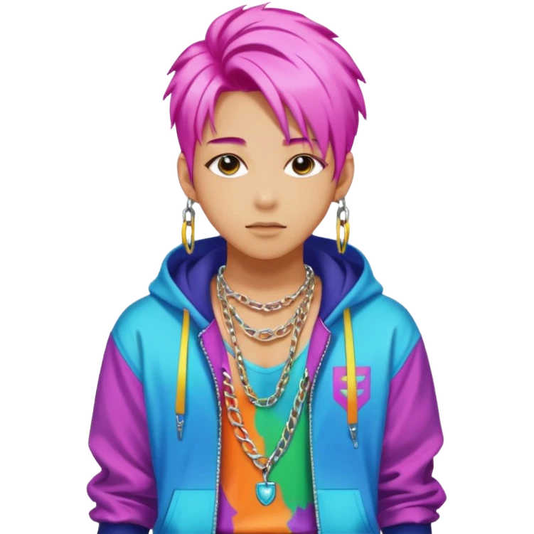 portrait of young idol in Kpop style, wearing flashy streetwear outfit, colorful dyed hair, confident pose, accessorized with chains  emoji