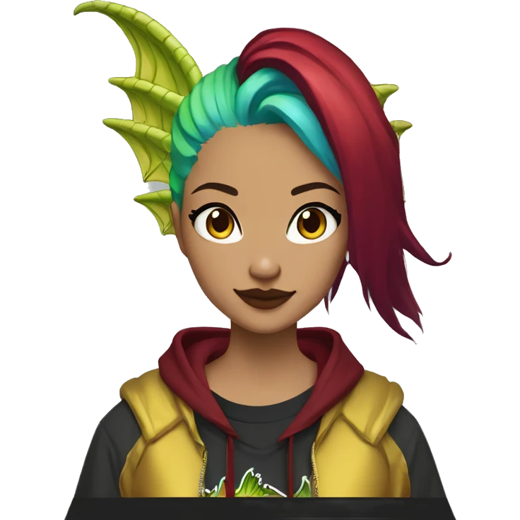Lady with brunette and iridescent blue hair, gold, lime green dragon wings, maroon hoodie, 420, black and gold Nike t shirt, and bright red eyes emoji