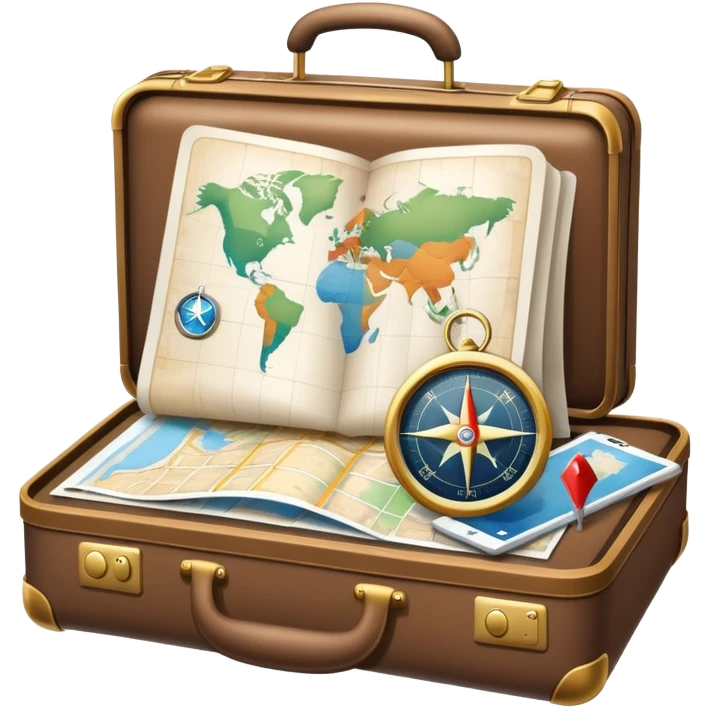 An icon featuring a suitcase, hotel building, symbolizing the scientific study of tourism and hospitality. The design includes a map, a compass, and a checklist, representing travel planning and service management. Transparent background highlights the academic exploration of the tourism industry. emoji