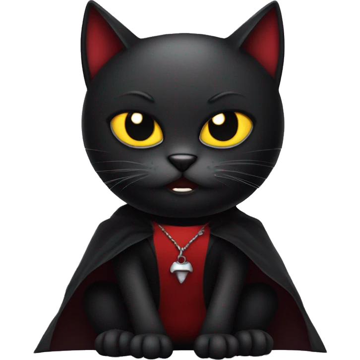 A black angry cat is sitting in a vampire costume emoji