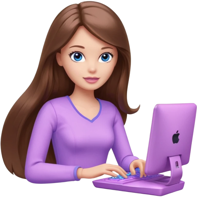 beautiful barbie girl with long brown hair, blue eyes and wearing light purple clothes playing computer games emoji