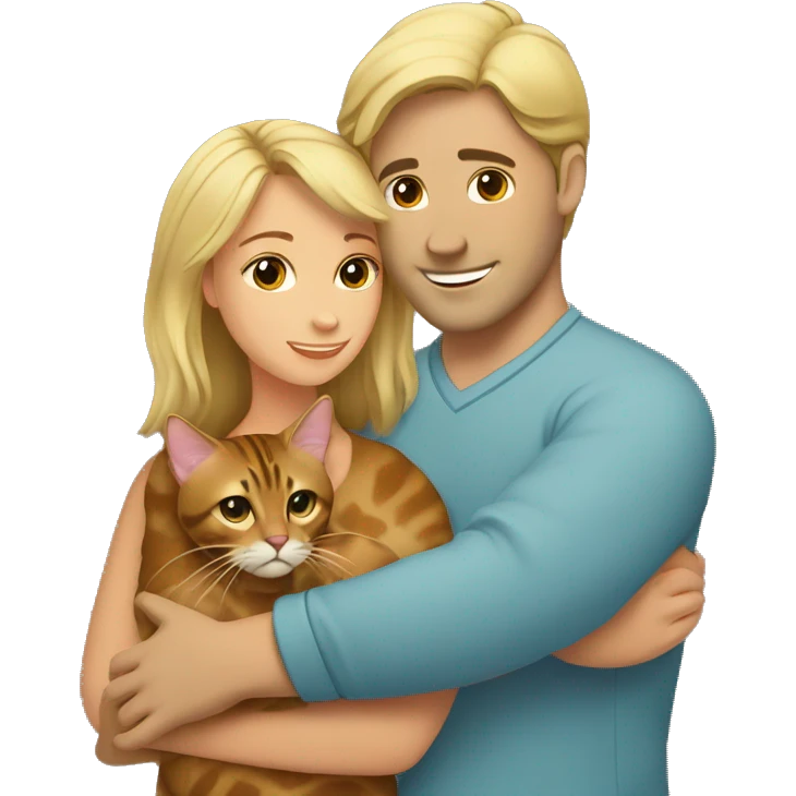 A blond man hugs a brown-haired woman and a bengal cat emoji