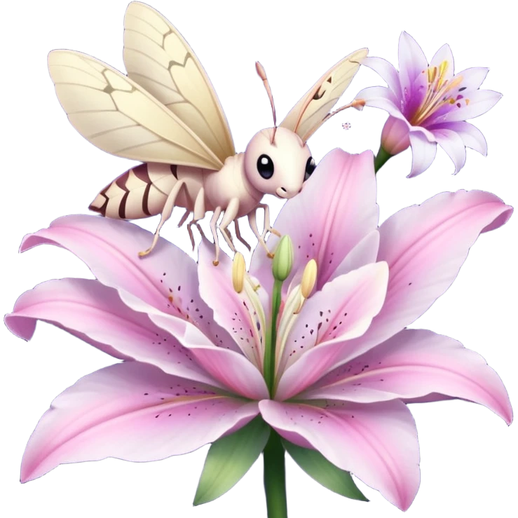 Композиция из моли и цветка — маленькая моль, сидящая на лепестке ночного цветка лилии. Цвета: пастельные, с акцентом на розовый и фиолетовый. Отражает гармонию с природой. ( кьютимарка для пони MLP )  emoji