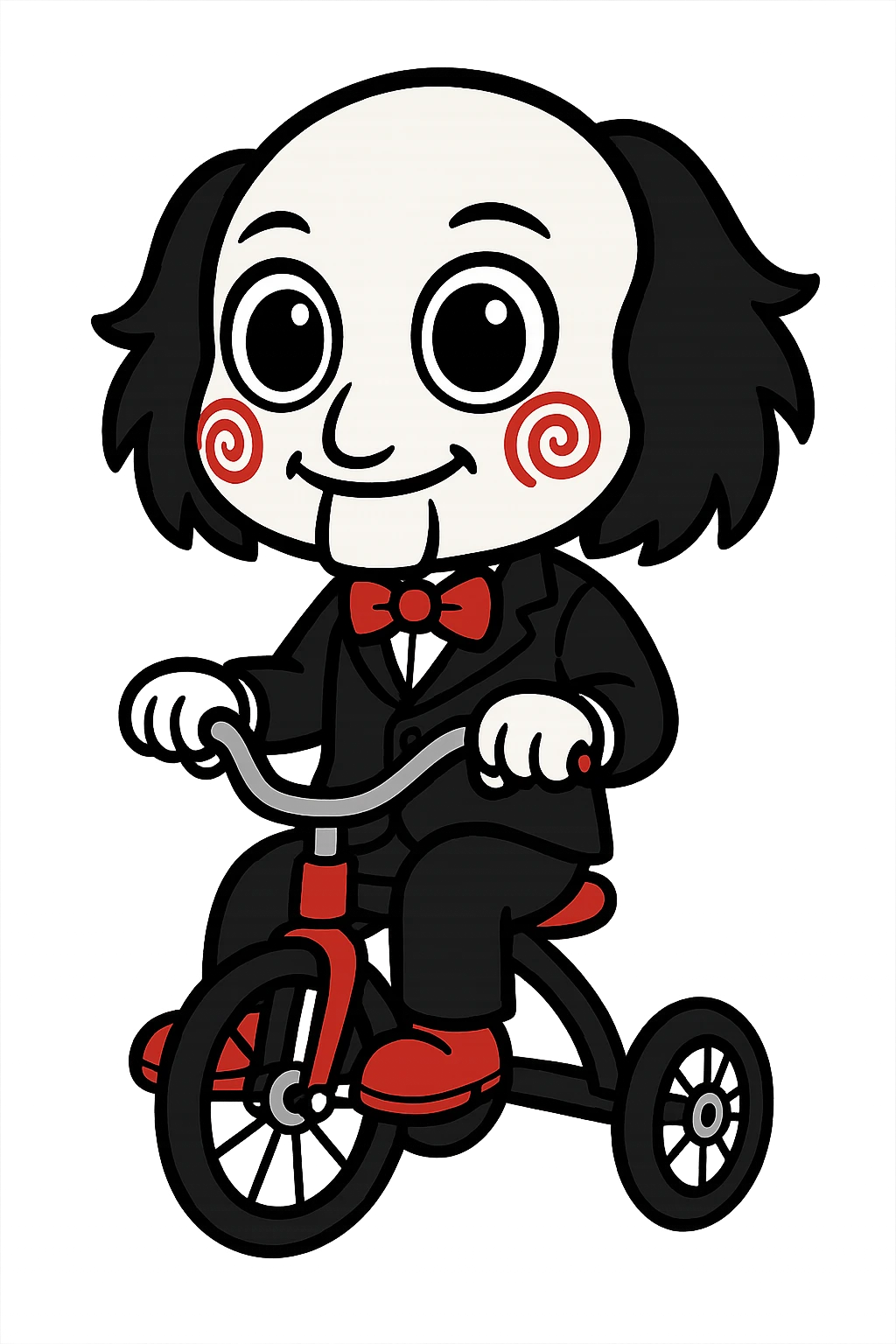 Saw puppet, simplified cartoon style, big eyes, red spirals on cheeks, black suit, red bow tie, sitting on a tricycle emoji