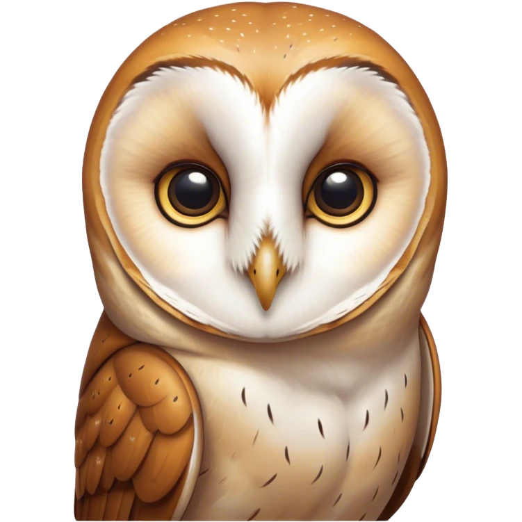 Cinematic Deep Thought Barn Owl Portrait Emoji, Head held high with a serene, contemplative gaze, showcasing its beautifully patterned plumage of white and brown, with eyes deeply focused as if pondering ancient secrets, Simplified yet majestically refined features, highly detailed, glowing with a soft, introspective light, high shine, poised and pensive, stylized with an air of profound wisdom, capturing the essence of an owl immersed in deep thought, so thoughtful it feels like it could silently whisper timeless wisdom from beyond the screen! emoji