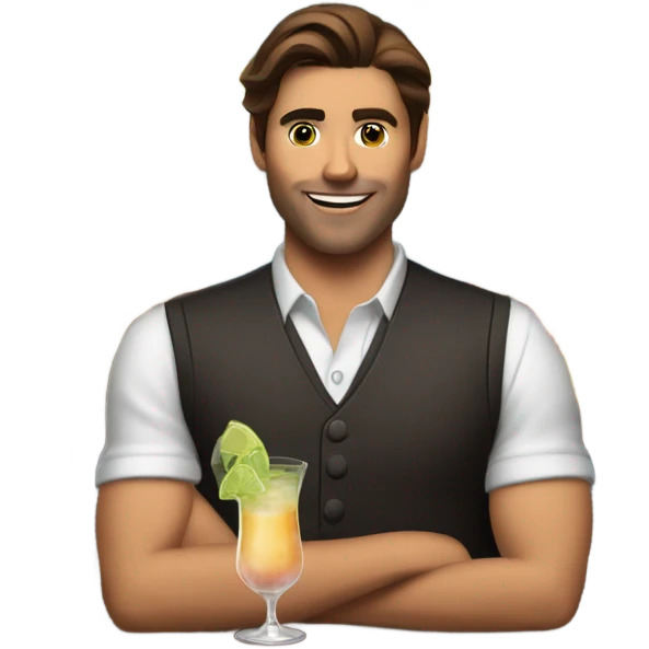 Brown haired male bartender with drinks emoji