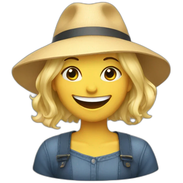  woman with blonde hair and bangs laughing while wearing hat emoji