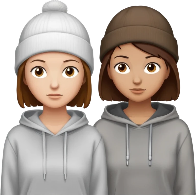 extremely short haired brunette white woman standing face to face with a very short haired brunette haired woman. Both women are wearing beanies and hoodies emoji