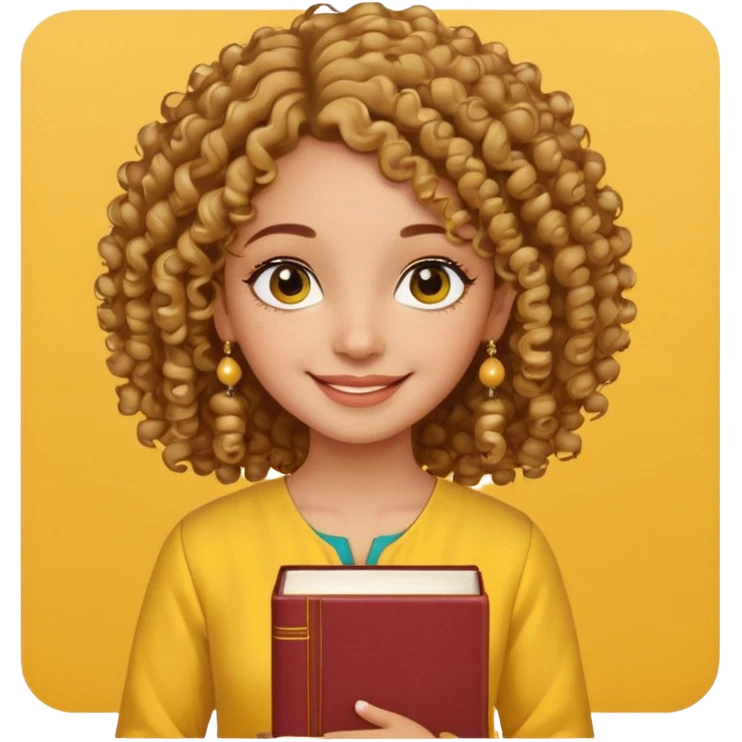 a pretty bratz girl with curly hair wearing a yellow kurti, eyeliner, jhumkas, carrying books emoji