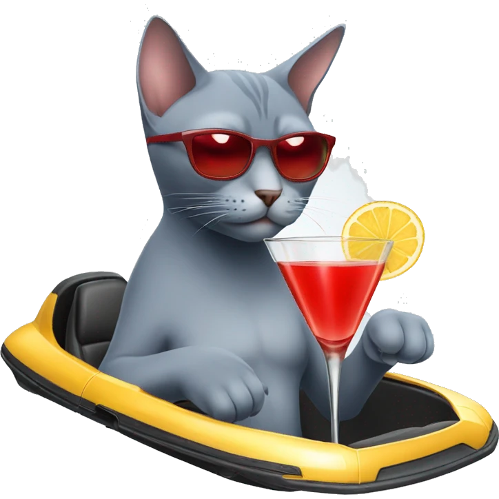 Russian blue cat wearing a red swimsuit drinking a martini and driving a Lamborghini  emoji