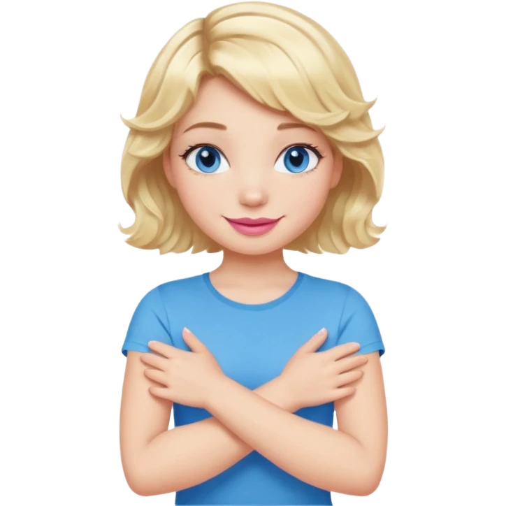 Girl Blonde short wavy hair,  blue eyes, cute blue top, long lashes, pink lips, smiling, making cross arms with arms  emoji