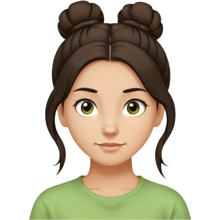 a girl with long dark brown hair with one high disheveled bun in light green t-shirt, a slight smile, dark brown eyes emoji
