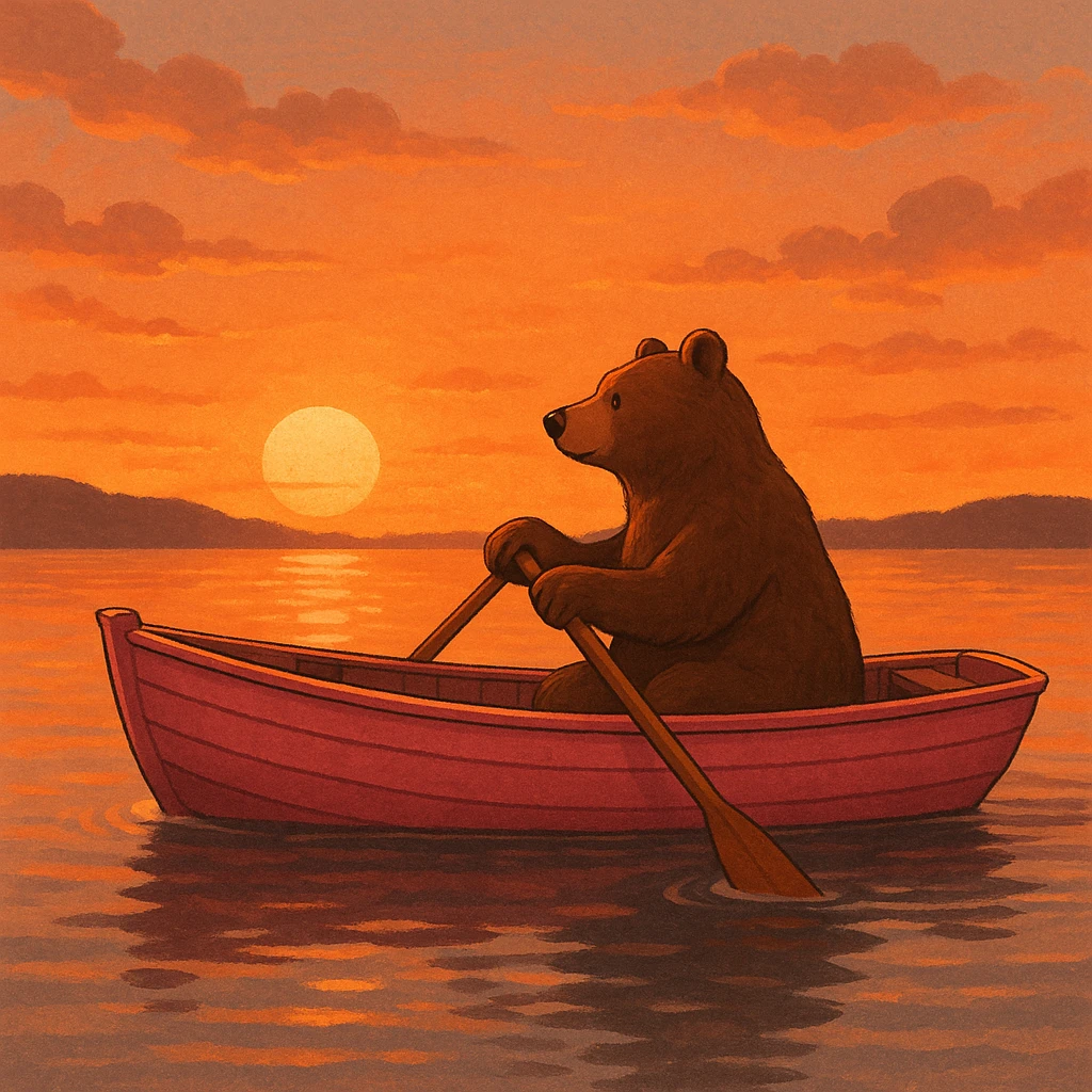 pink rowing boat with a bear rowing, sunset background emoji