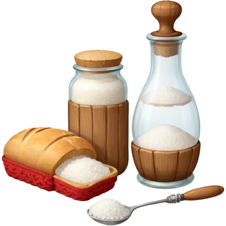 a one victorian bottle of salt and a loaf of bread - crochet needles and a ball of wool emoji