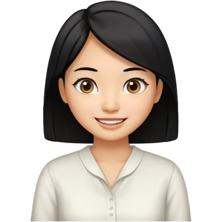 30 yr old asian woman center parted hair big eyes big smile tanned skin straight black hair hippie part hair white blouse shoulder length hair middle parted hair emoji