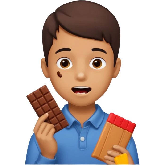 A boy holding a chocolate bar with him chewing on the bite he took emoji