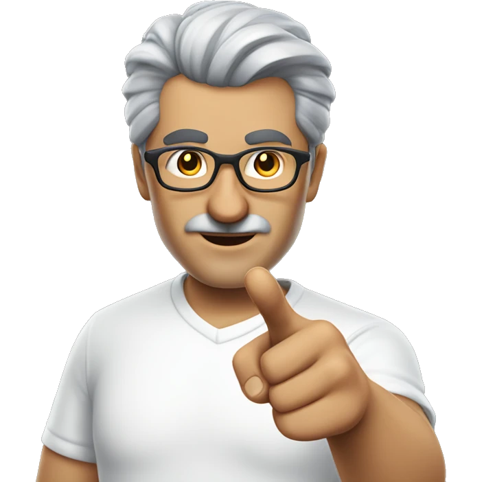 turkish man with glasses and grey hair in a white t-shirt pointing a finger gun emoji