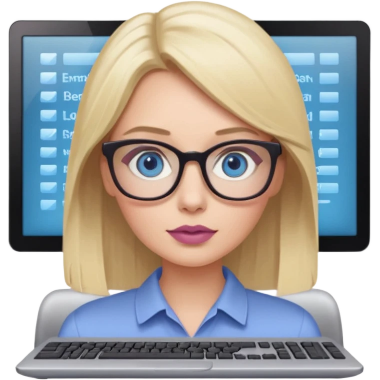 donna bella, occhi azzurri con occhiali, capelli medi, lisci e biondi, lavora usando lo schermo pc. Labbra color malva chiaro emoji