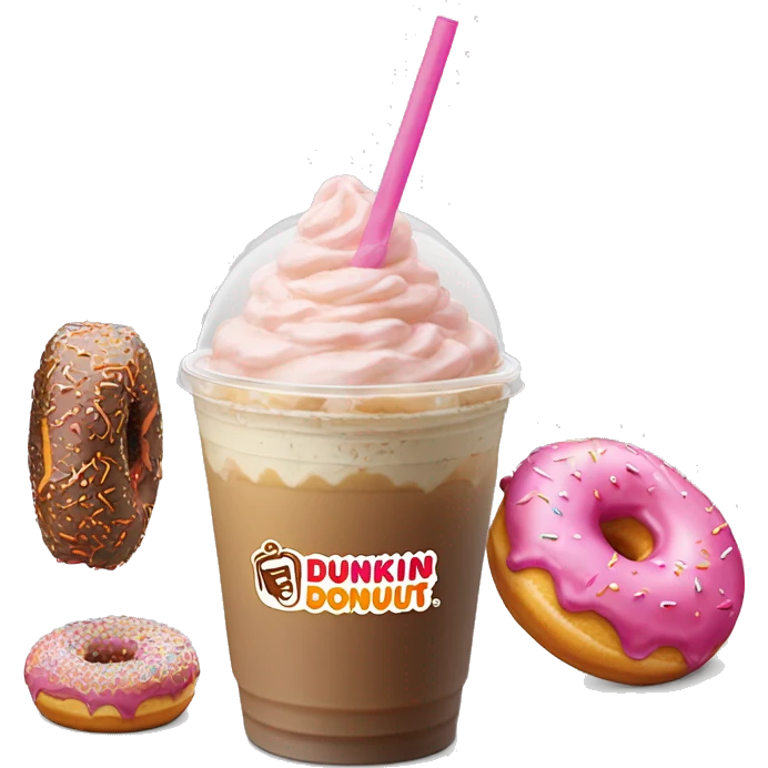 Realistic Dunkin Donut Iced Coffee with pink frosted donut with orange sprinkles emoji