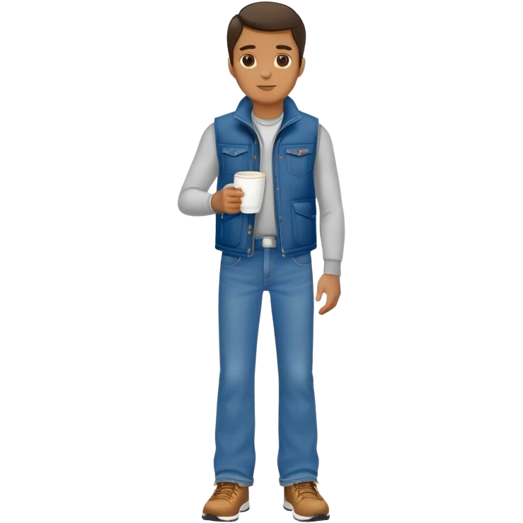 full body man with plain puffy vest with no pockets over long sleeved shirt wearing straight levi boot cut levi blue jeans with no cuffs and tennis shoes holding coffee mug in his hand emoji