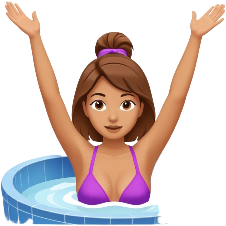 Woman in hot tub with one arm up in the air and other hand gripping the jacuzzi edge emoji