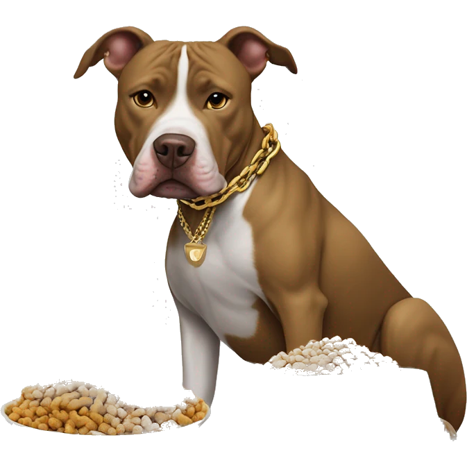 A dog pitbull with a big gold chain on that says “G-UNIT” and a bowl of dog food right next to the dog that says “G-UNIT” on the bowl  emoji