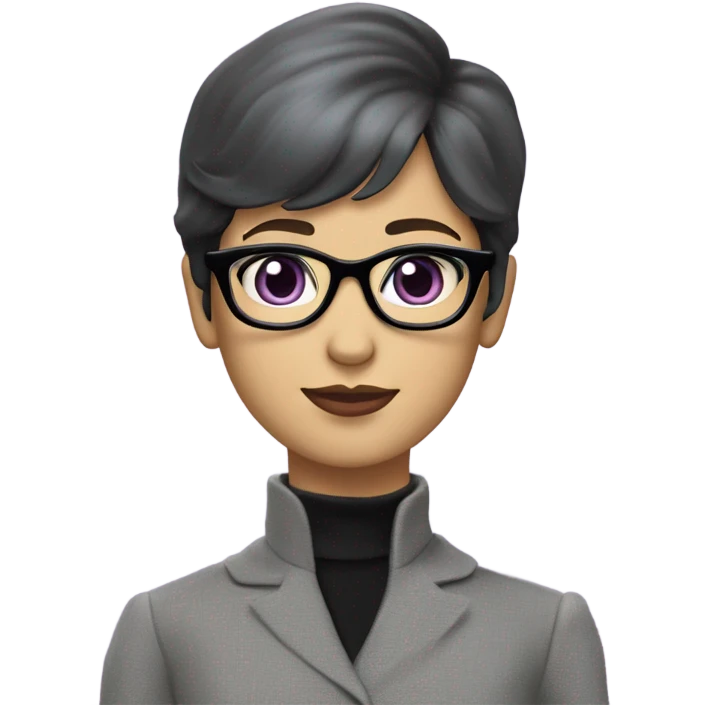 Full torso of Tv show young Diana Prince wearing grey suit with silk voile  purple turtleneck and black eyeglasses  emoji