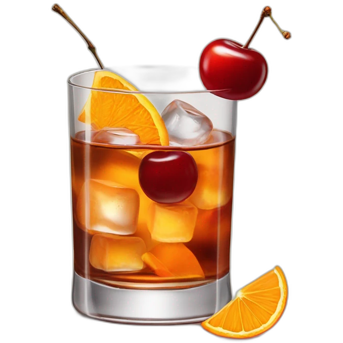 Short old fashioned glass, whiskey cocktail cherry, ice cubes, singular orange peel twist emoji