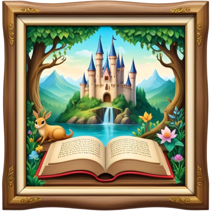 An enchanting fairytale book with a beautifully illustrated cover, featuring magical creatures, castles, and lush forests, resting on a wooden table surrounded by soft, glowing light emoji
