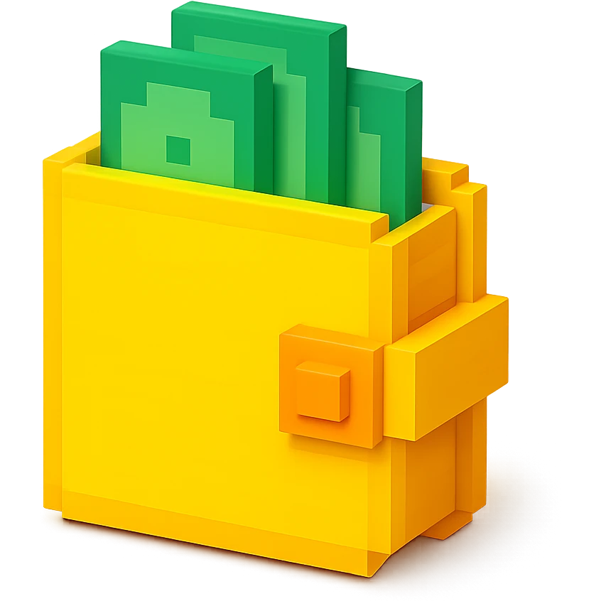 3D voxel style icon of a wallet, blocky and geometric, with a sense of depth and shading emoji
