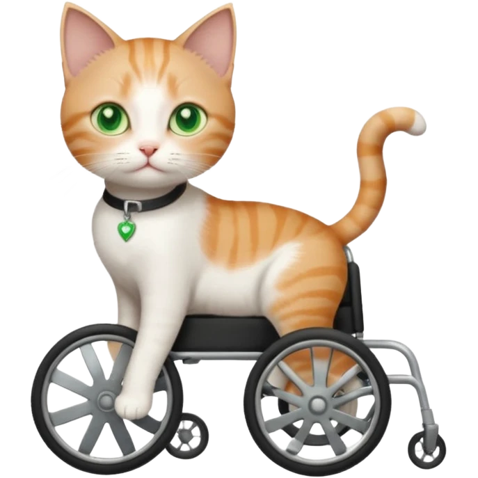 full body small short hair ginger and white cat with green eyes walking in a wheelchair for cats emoji