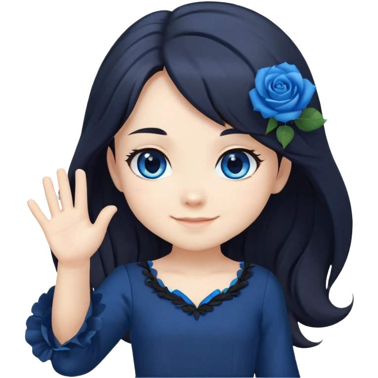 chibi girl with long dark hair, blue rose in hair, blue eyes, black dress, friendly smile, waving emoji