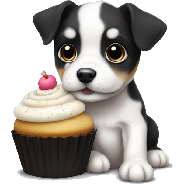 Cute big eyed Black and white teddy Roosevelt terrier puppy (no brown) eating a cupcake emoji