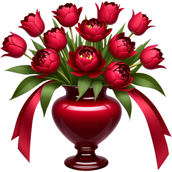 "An exquisite floral arrangement in a deep red glass vase, filled with velvety red peonies, classic roses, and striking tulips, accompanied by silky pearl-colored ribbons that drape gently over the surface." emoji