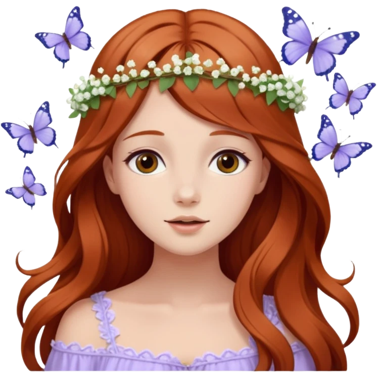 Woman with long flowing auburn hair wearing a flower crown with pale lavender flowers and white baby's breath in it and butterflies flying around it emoji