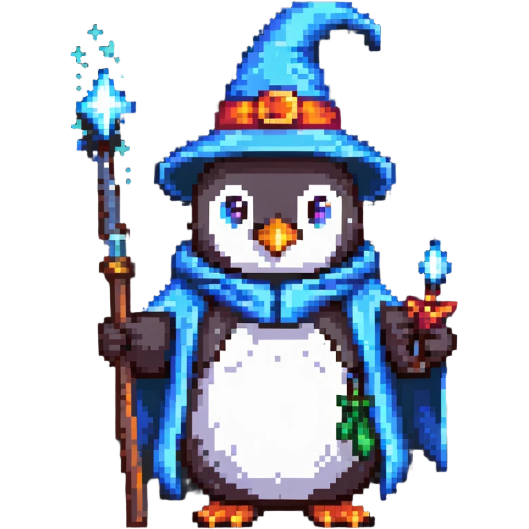 Penguin wearing wizard hat and robe holding a magic wand emoji